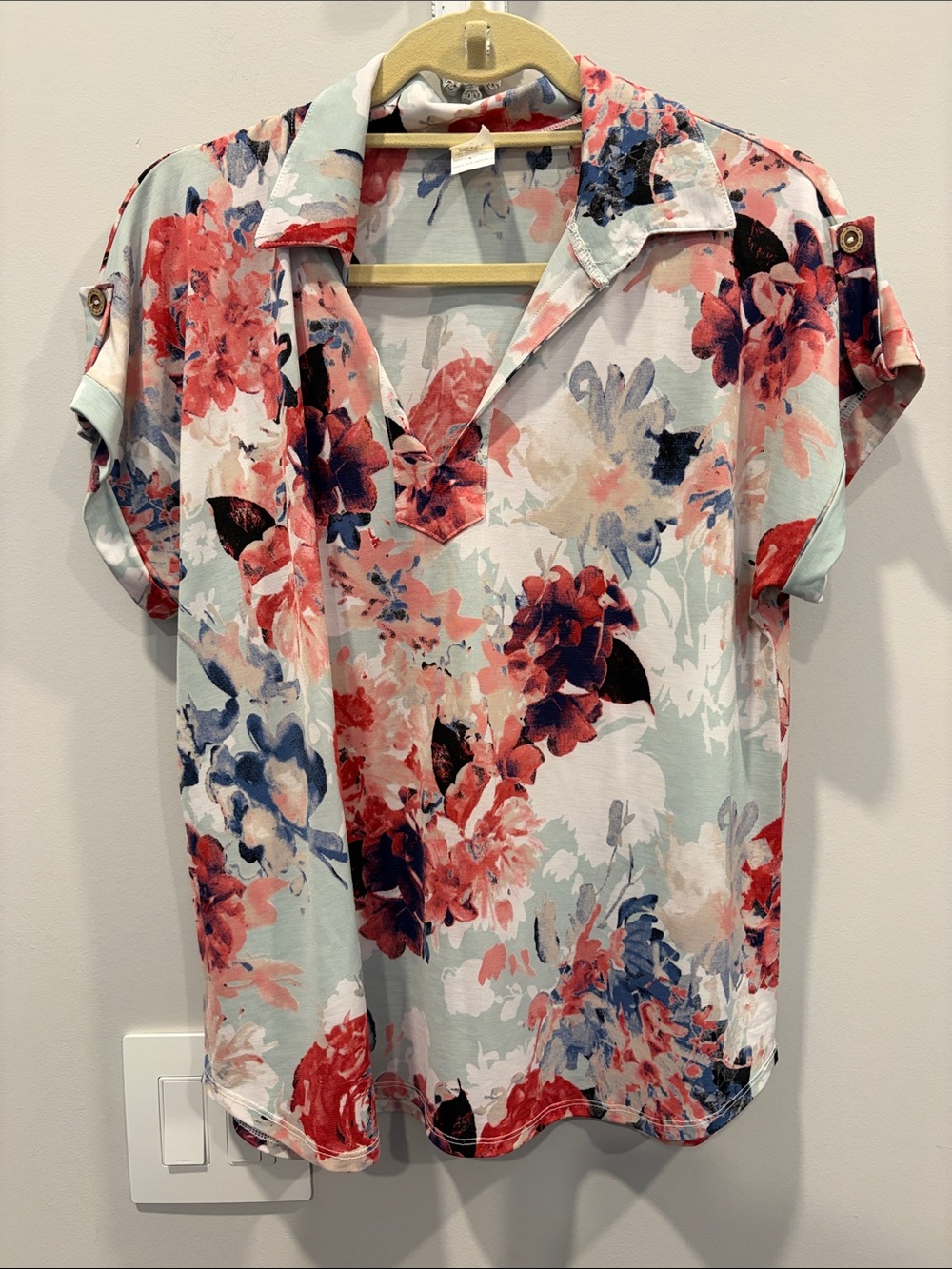 Sew In Love Mint Floral V-Neck Short Sleeve Blouse with Coral and Navy Accents